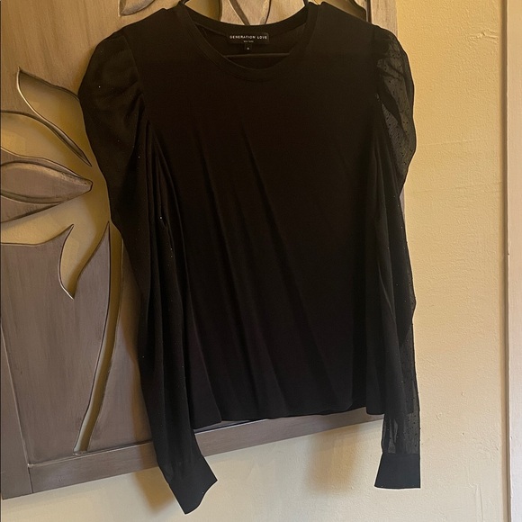 Generation Love Quinn Rhinestone Puff Sleeve Sheer Long Sleeve Top Black Medium - Picture 2 of 8